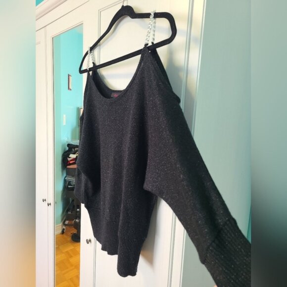 Festive Holiday Party Black Glitter Knit Cold Shoulder Silver Chain Strap Top - Picture 7 of 11